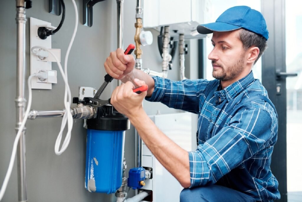 Technician tightening a blue whole-house water filter housing with pliers