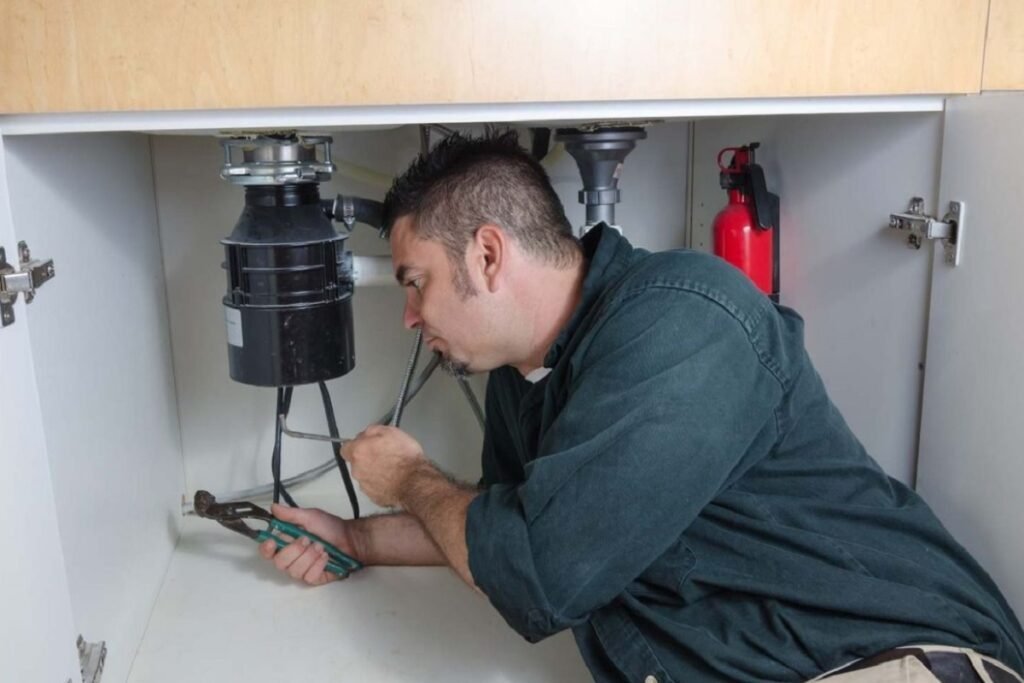 Plumber lying under a kitchen sink working near the garbage disposal with pliers