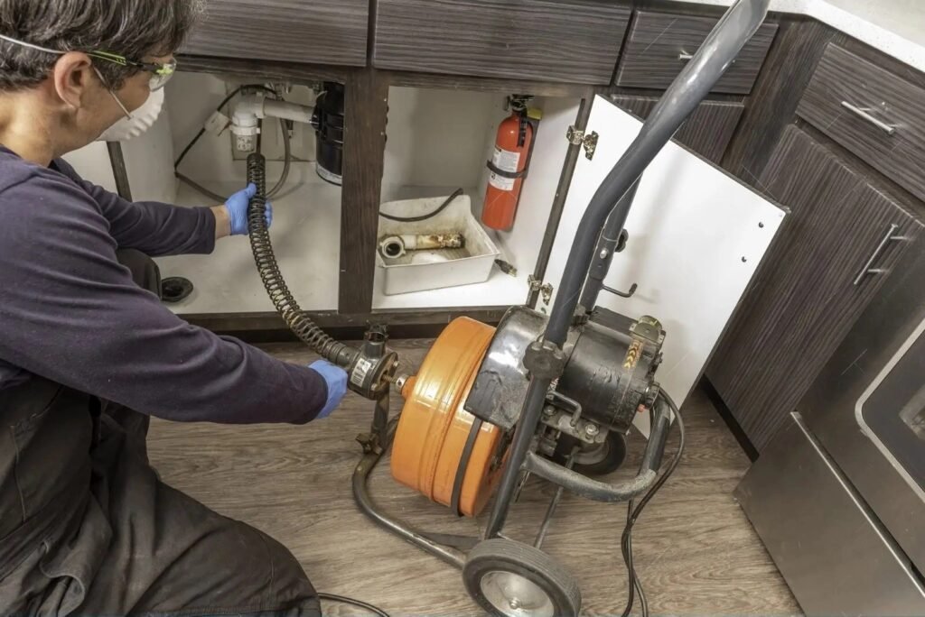 Technician in goggles and mask running an electric drain auger under a kitchen sink