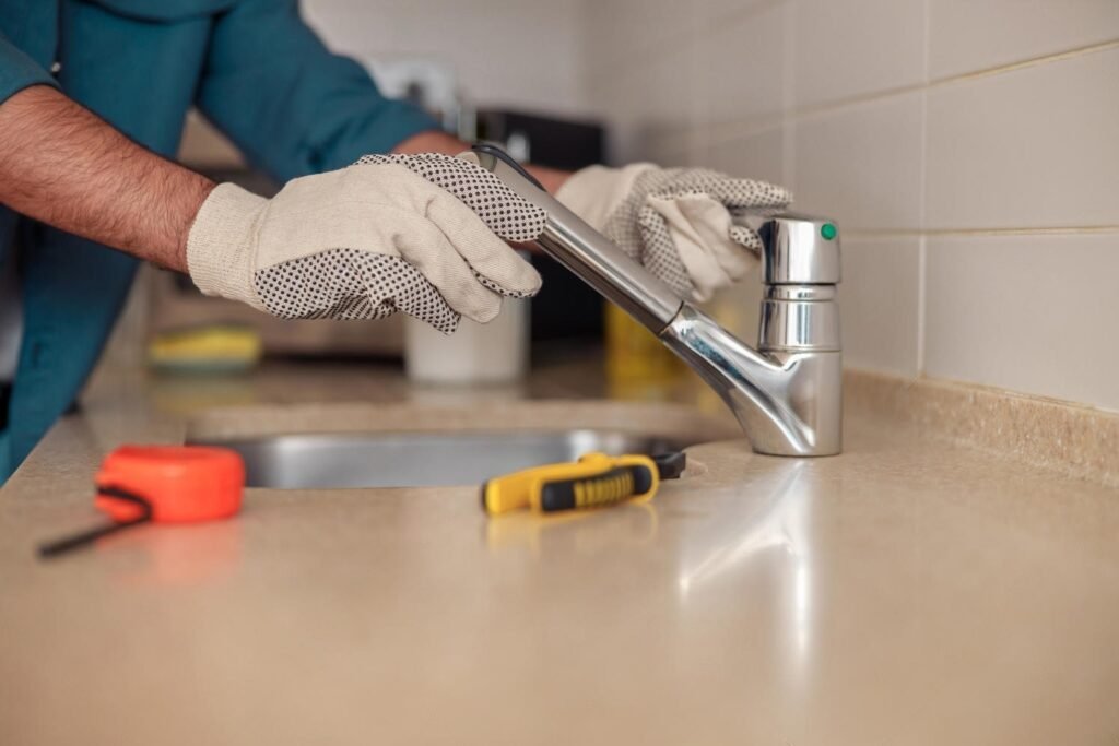 Gloved plumber wiping a chrome pull-out kitchen faucet beside hand tools
