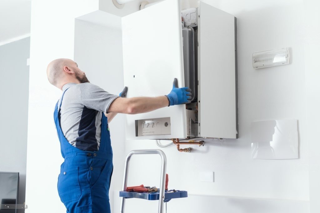 Technician in overalls removing the front cover panel from a wall-mounted boiler
