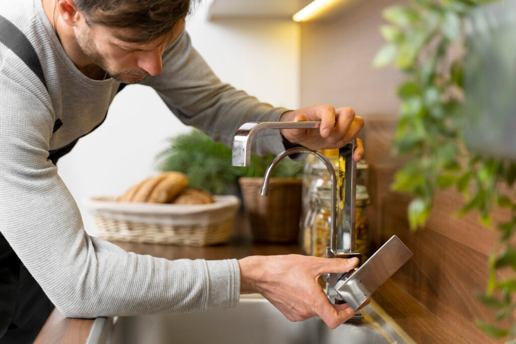 Plumber tightening a chrome kitchen faucet with a hex key