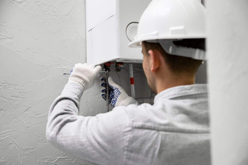 Technician in hard hat servicing pipe connections under a wall-mounted boiler