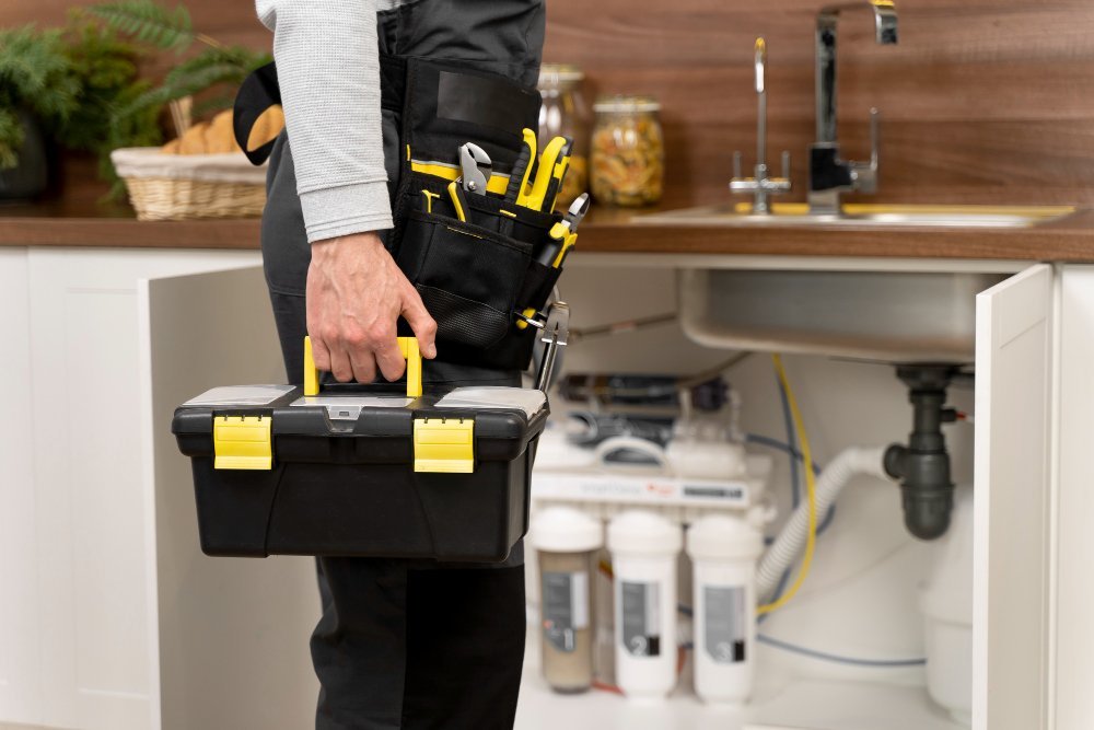 Plumber with a tool belt carrying a toolbox past an open sink cabinet