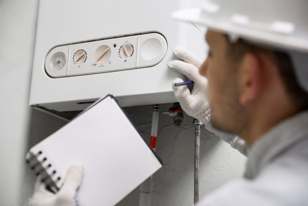 Technician in a hard hat checking wall-mounted water heater controls with a notepad