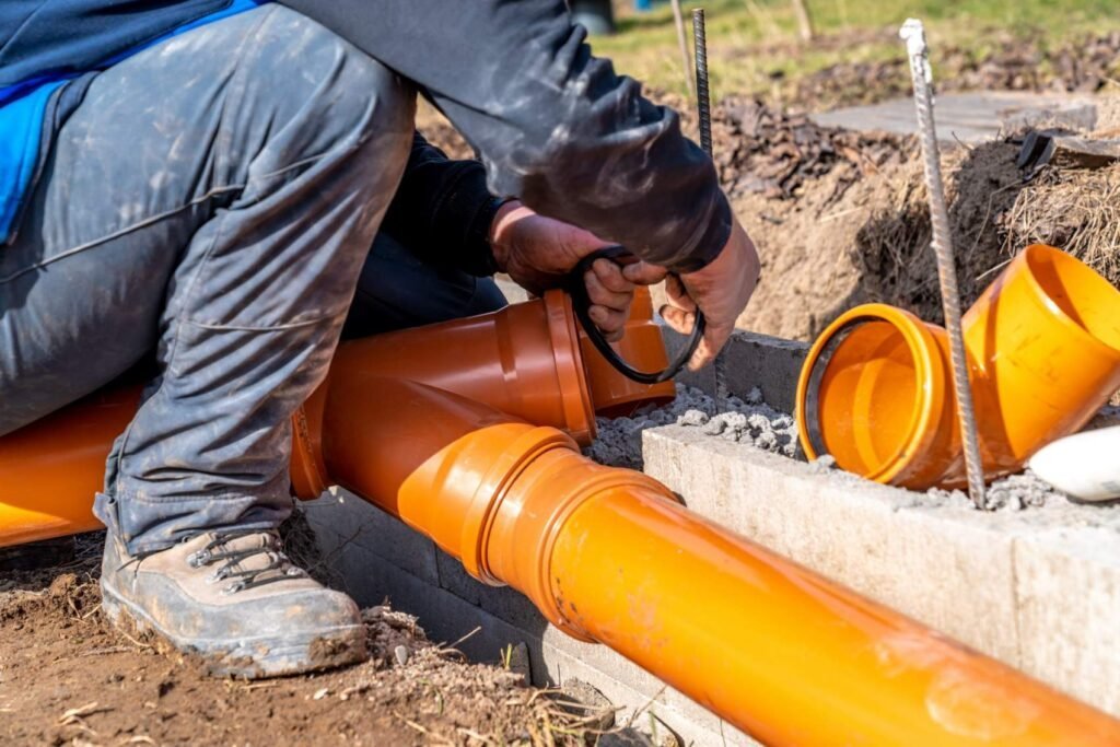 Worker fitting a rubber gasket into orange sewer pipe in a trench
