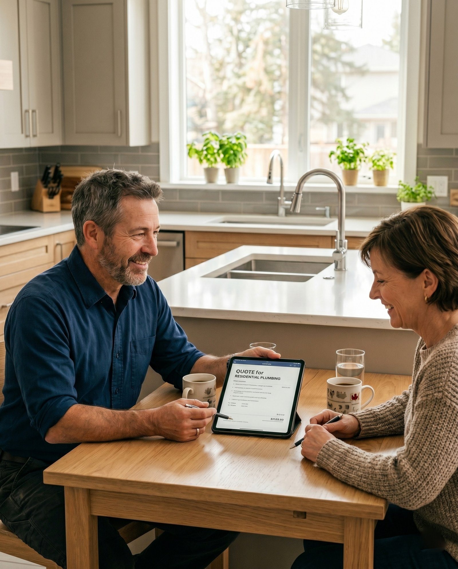 Plumber explaining a quote to a homeowner