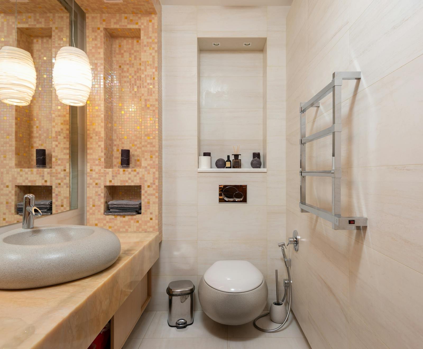 Modern bathroom with a wall-mounted floating toilet installed by Ottawa Plumbing Service